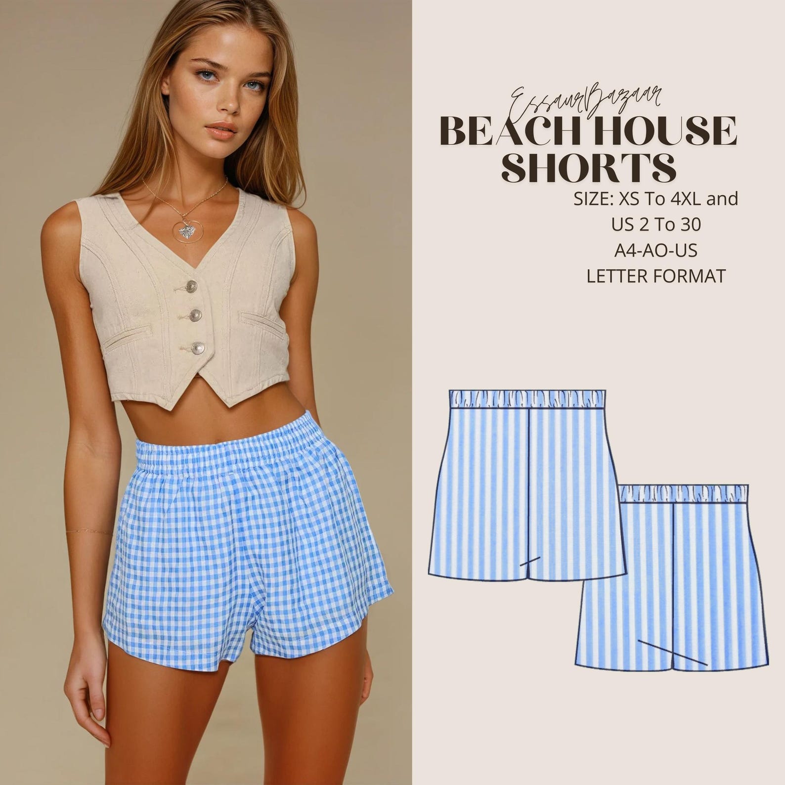 Beach House Shorts Sewing Pattern (XS-4XL) - A4-A0-US Letter Format - Etsy
