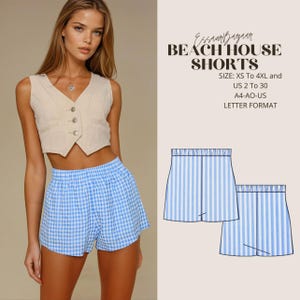 Patrón de costura en PDF para short Beach House, patrón digital fácil de coser en PDF, short de verano para mujer, formato carta (EE. UU.) A4-A0, tallas XS-4XL