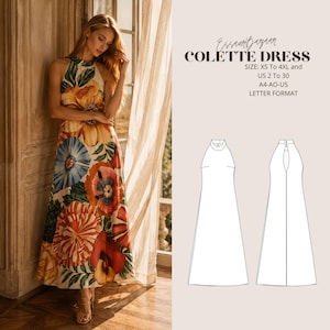 May include: A floral print halter dress with a floor-length skirt. The dress features a vibrant pattern of red, orange, blue, and yellow flowers. The image also includes a line drawing of the dress and the text "COLETTE DRESS".