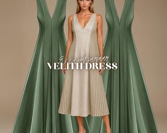 Velith Dress Sewing Pattern, Deep V Neck, Princess Seam, Sleeveless Midi (Digital Download)