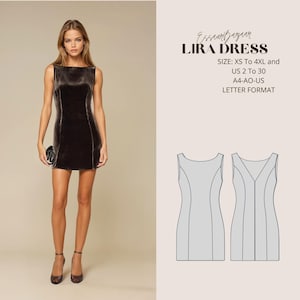 May include: A woman wearing a dark brown velvet mini dress. The dress has a scoop neckline and a fitted silhouette. The image also includes a pattern for the Lira dress, with the text "EurBazaar LIRA DRESS" and size information.