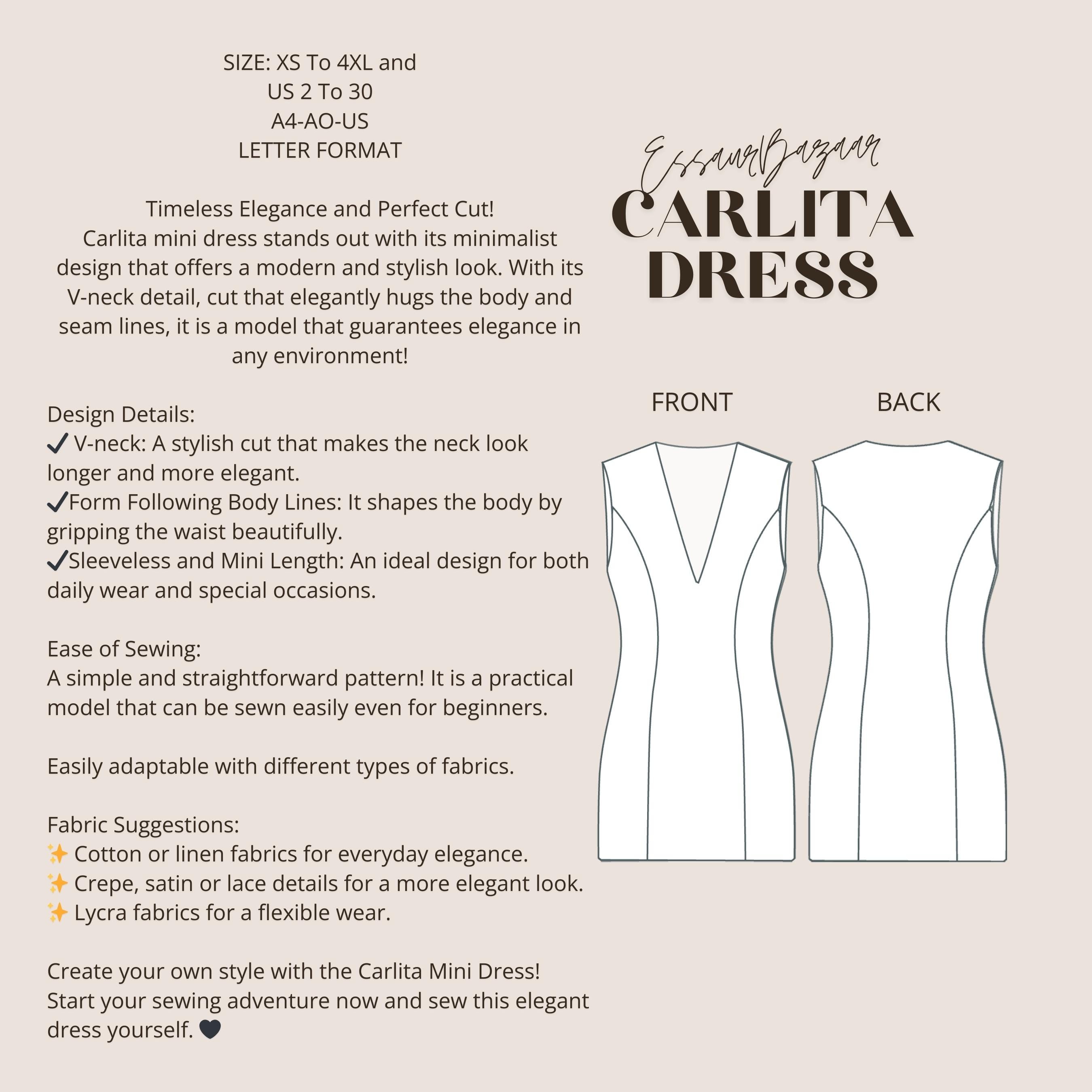 Carlita Mini Dress Sewing Pattern, V-neckline Dress Pattern, Women Sewing  Dress, Wedding Dress Sewing Pattern, Suitable for US Letter-a4-a0 - Etsy