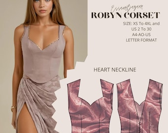 Robyn Corset Patterns, Heart Neckline Top Pattern, Vintage Corset Pattern, Sizes; US 2 to 30, XS to 4XL, Women Sewing Patterns