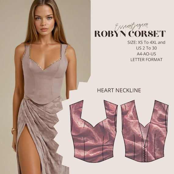 Robyn Corset Sewing Pattern, Heart Neckline Top (Sizes XS-4XL) (Digital Download)