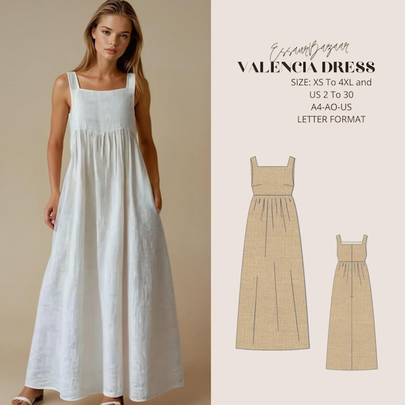 Valencia Linen Maxi Dress Sewing Pattern, Gathered Waist (PDF)
