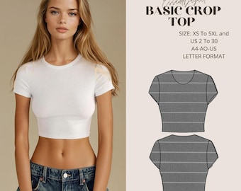 Basic Crop Top Sewing Pattern, Short Sleeve Crop Top, Easy T-shirt sewing Pattern, Easy Knitwear Top, Include Instructions, XS-5XL