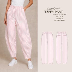 Könnte beinhalten: Taffy-Hose mit rosa-weißen vertikalen Streifen und elastischem Bund. Der Text lautet: EssaurBazaar TAFFY PANT SIZE: XS To 4XL and US 2 To 30 A4-AO-US LETTER FORMAT. Enthält technische Vorder- und Rückansichten als Strichzeichnungen.