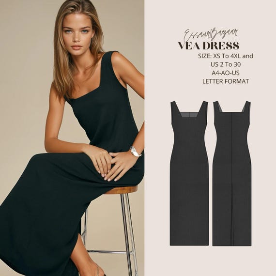 Vea Maxi Dress Sewing Pattern, Square Neck, Sleeveless, Back Slit (Digital Download)