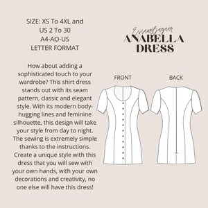 Peut inclure: Patron de couture pour une robe appel&eacute;e Anabella Dress. Le patron comprend des instructions pour les tailles XS &agrave; 4XL et les tailles fran&ccedil;aises 34 &agrave; 52. Le patron est au format A4. L'image montre les vues avant et arri&egrave;re de la robe.