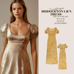 Bridgerton Lien Dress, Empire Waist Midi Dress,  Cottagecore Dress, Ball Gown Dress, Regency Gown Dress, Suitable For Us Letter-A4-A0 Format
