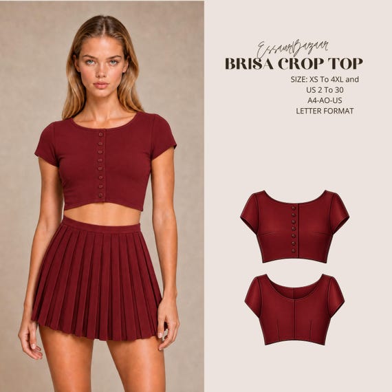 Brisa Crop Top Sewing Pattern, Boat Neck Button Back Blouse (PDF Download)