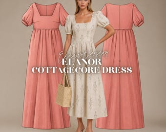 Élanor Cottagecore Kleiderschnittmuster, Empire-Taille, Bischofssärmel, quadratischer Ausschnitt (Digitaler Download)