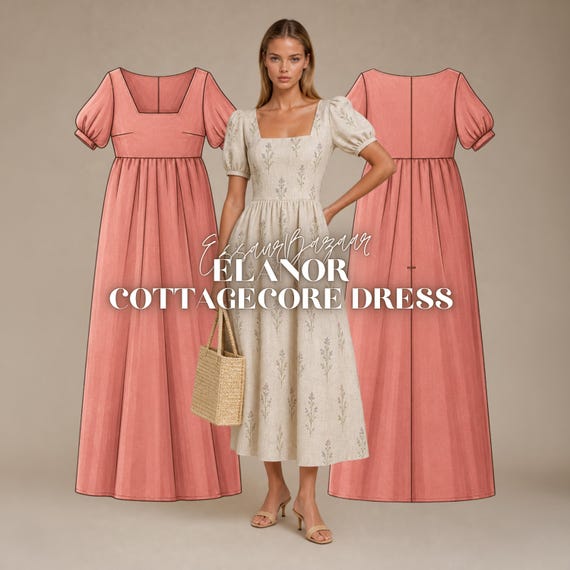 Élanor Cottagecore Dress Pattern, Empire Waist, Bishop Sleeve, Square Neck (Digital Download)