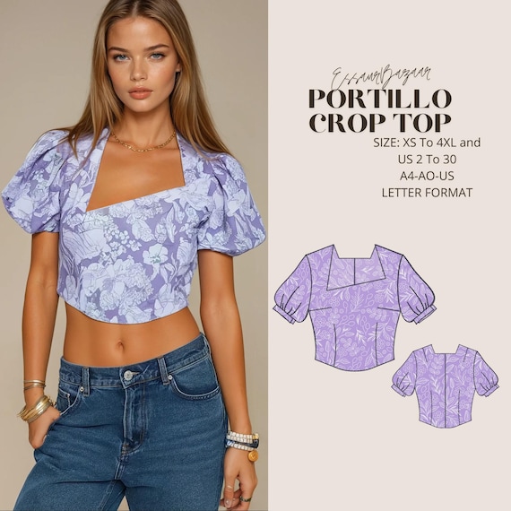 Portillo Crop Top Sewing Pattern, Puff Sleeve Design (PDF Pattern)