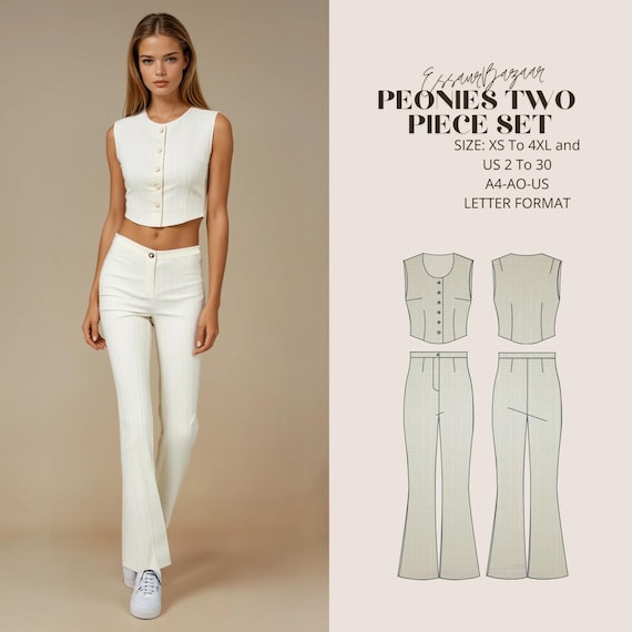 Peonies Two Piece Set Sewing Pattern (XS-4XL) - Top & Flared Pants (A4-A0-US Letter Format)