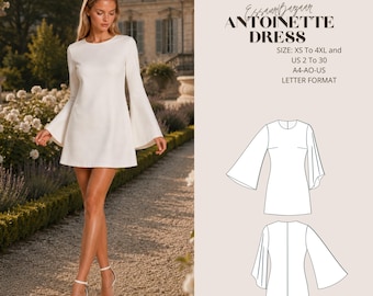 Antoinette Dress Sewing Pattern, Mini Knit Dress, Flared Sleeve, Elegant Party (PDF Download)