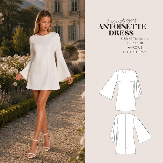 Antoinette Dress Sewing Pattern, Mini Knit Dress, Flared Sleeve, Elegant Party (PDF Download)