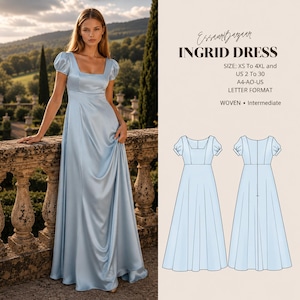 Könnte beinhalten: Ein hellblaues, bodenlanges Kleid mit kurzen Puffärmeln und einem eckigen Ausschnitt. Das Bild enthält den Text INGRID DRESS, die Größen XS bis 4XL und US 2 bis 30, das Format A4-AO-US sowie woven intermediate und eine technische Skizze.