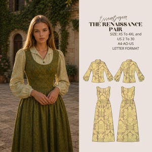 Könnte beinhalten: Eine Frau trägt ein grünes und beiges Kleid im Renaissance-Stil mit langen Ärmeln. Das Bild zeigt auch ein Schnittmuster für das Kleid und eine passende Jacke. Der Text auf dem Bild lautet "Essaur Bazaar THE RENAISSANCE PAIR SIZE: XS To 4XL and US 2 To 30 A4-AO-US LETTER FORMAT."