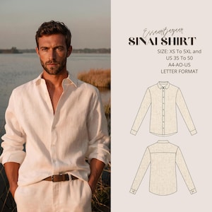 Op de afbeelding: Een wit overhemd met lange mouwen, knopen, een kraag en een bruine riem. De afbeelding bevat de tekst: Sinai Shirt, Size: XS to 5XL and US 35 to 50, A4-AO-US Letter Format. Een technische lijntekening toont de voor- en achterkant van het shirt.