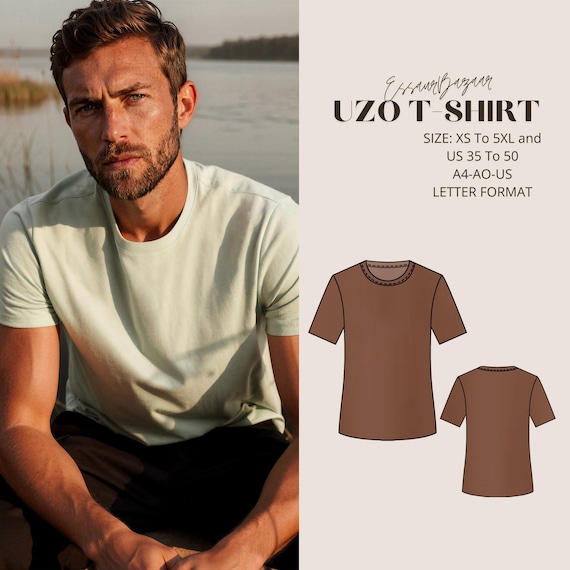 Men's Uzo T-Shirt Sewing Pattern, Modern Minimalist Style (XS-5XL)