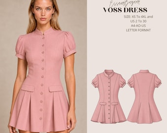 Voss Dress Sewing Pattern PDF, Mini Shirt Dress Pattern, Button Front Dress PDF, Woven Dress Pattern, XS-4XL