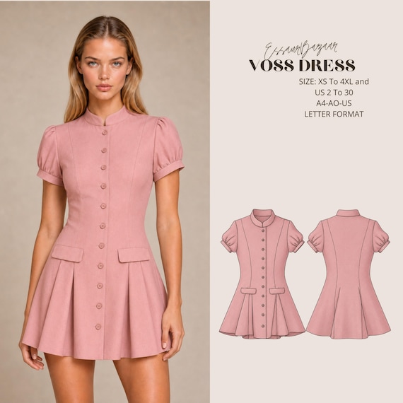 Voss Dress Sewing Pattern PDF, Mini Shirt Dress Pattern, Button Front Dress PDF, Woven Dress Pattern, XS-4XL