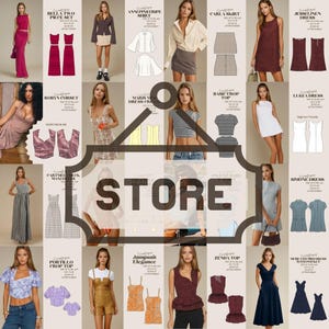 K&ouml;nnte beinhalten: Eine Collage aus verschiedenen Kleidungsst&uuml;cken wie Kleidern, Oberteilen, R&ouml;cken und Sets, die jeweils mit einem Produktnamen wie Bella Two Piece Set, Anni Pinstripe Shirt, Carla Skirt, Jessi Linen Dress, Robyn Corset und Simone Dress versehen sind.