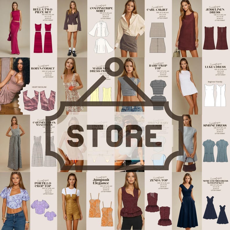 K&ouml;nnte beinhalten: Eine Collage aus verschiedenen Kleidungsst&uuml;cken wie Kleidern, Oberteilen, R&ouml;cken und Sets, die jeweils mit einem Produktnamen wie Bella Two Piece Set, Anni Pinstripe Shirt, Carla Skirt, Jessi Linen Dress, Robyn Corset und Simone Dress versehen sind.