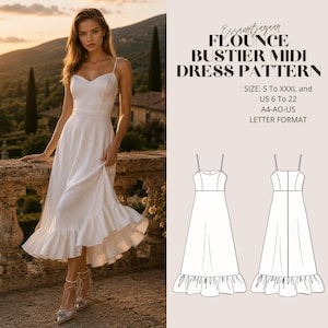Op de afbeelding: Een witte midi-jurk met spaghettibandjes en een flounce zoom. De jurk wordt getoond op een model en ook als patroon met de tekst "FLOUNCE BUSTIER MIDI DRESS PATTERN". De patroongrootte is S tot XXXL en US 6 tot 22.