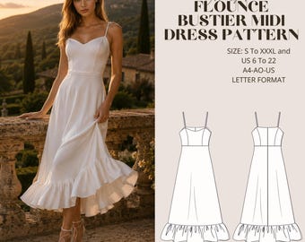 Flounce Midi Dress Pattern, PDF Sewing Pattern Dress, Easy Wedding Midi Dress Sewing Pattern, Summer Dress Pattern XS-4XL