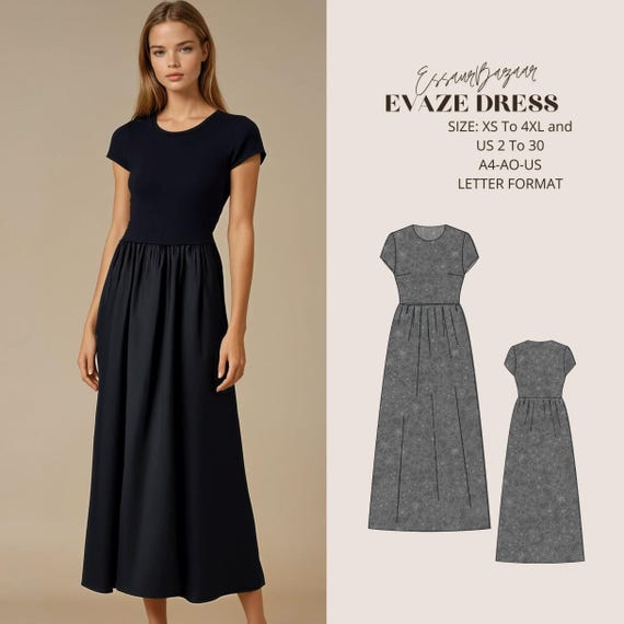 Evaze Dress Sewing Pattern - XS to 4XL - A4/A0/US Letter Format (Digital Download)