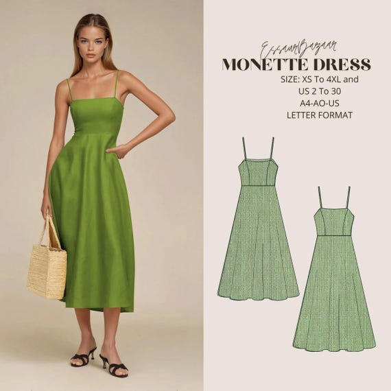 Monette Midi Dress Sewing Pattern, Circular Skirt, XS-4XL (Digital Download)