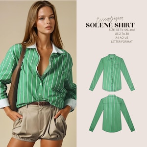 May include: A green and white striped shirt with a white collar and cuffs. The shirt is buttoned and worn with tan shorts and a brown belt. The image also includes a pattern for the Solene shirt, with text that reads "SOLENE SHIRT" and size information.