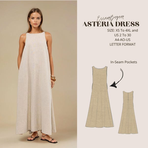 Asteria Linen Maxi Dress, Digital Sewing Pattern, Linen Summer Dress, Pdf For Ditto Projector, Suitable For Us Letter-A4-A0 Format