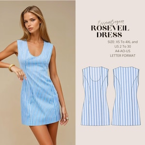 Roseveil Mini Dress Sewing Pattern, V-Neckline Dress Pattern, Women Sewing Dress, Wedding Dress Sewing Pattern, Suitable For US Letter-A4-A0