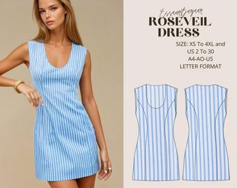 Roseveil Mini Dress Sewing Pattern, U-Neckline Dress Pattern, Women Sewing Dress, Wedding Dress Sewing Pattern, Suitable For US Letter-A4-A0