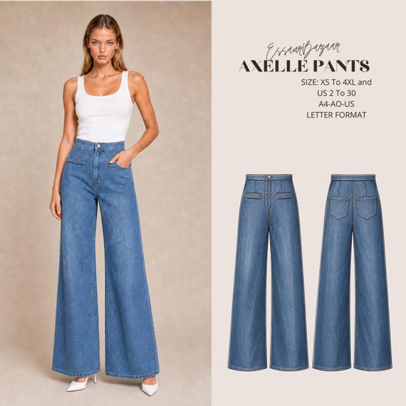 Axelle Wide Leg Pants Sewing Pattern (PDF), High Waist Trousers XS-4XL