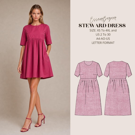 Steward A-Line Dress PDF Sewing Pattern, Linen Style, Pockets, All Sizes (Digital Download)