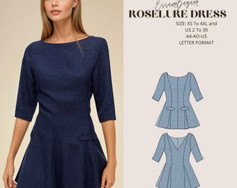 Roselureミニドレスの型紙、コテージコアドレスの型紙、デジタル縫製、女性用サマードレスの縫製、米国レターA4～A0サイズ対応