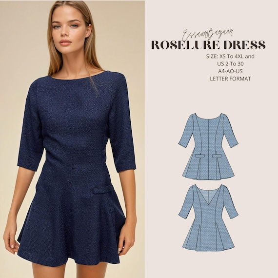 Roselure Mini Dress Sewing Pattern, Vintage Style (A4-A0-US Letter Format) (Digital Download)