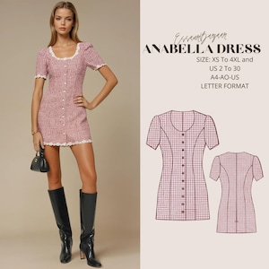 Peut inclure: Une robe &agrave; carreaux rose et blancs avec une bordure en dentelle blanche. La robe a un col rond et des manches courtes. La robe est pr&eacute;sent&eacute;e sur un mannequin et &eacute;galement sous forme de patron de couture.