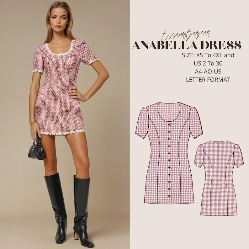 Peut inclure: Une robe &agrave; carreaux rose et blancs avec une bordure en dentelle blanche. La robe a un col rond et des manches courtes. La robe est pr&eacute;sent&eacute;e sur un mannequin et &eacute;galement sous forme de patron de couture.