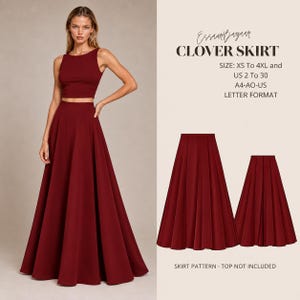 May include: A floor-length, deep red skirt with a high waist and a full, flared silhouette. The text reads: EssaurBazaar CLOVER SKIRT SIZE: XS To 4XL and US 2 To 30 A4-AO-US LETTER FORMAT. SKIRT PATTERN - TOP NOT INCLUDED.