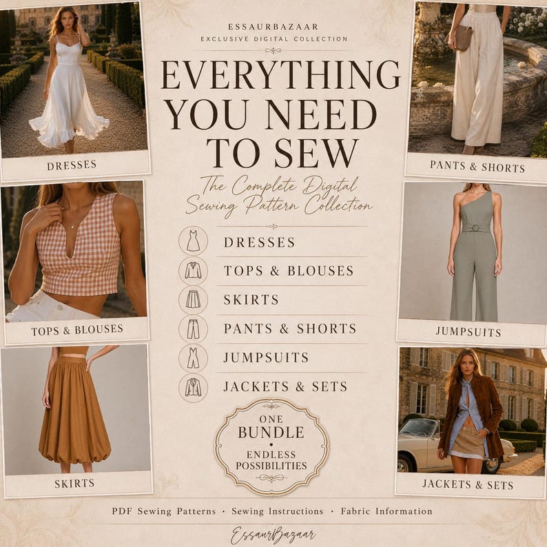 K&ouml;nnte beinhalten: Eine Werbeanzeige f&uuml;r eine digitale Schnittmuster-Kollektion mit dem Titel EVERYTHING YOU NEED TO SEW. Sie enth&auml;lt sechs Fotofelder mit Kleidern, Hosen, Shorts, Oberteilen, Blusen, R&ouml;cken, Jumpsuits, Jacken und Sets sowie Symbolen.