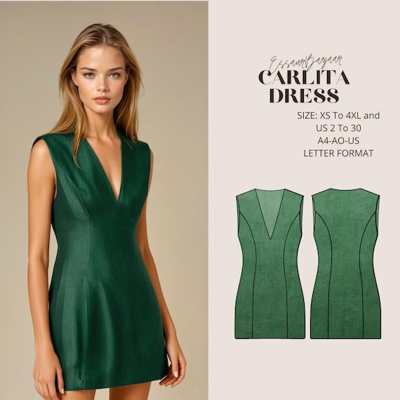 Carlita Dress Sewing Pattern, V-Neck Mini Dress, XS-4XL (Digital Download)