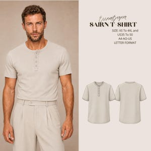 Może przedstawiać: Beżowy t-shirt typu henley z krótkim rękawem i listwą z czterema guzikami. Obraz zawiera tekst: EssaurBazaar SAIRN T-SHIRT, SIZE: XS To 4XL and US35 To 50, A4-AO-US LETTER FORMAT oraz rysunek techniczny przedstawiający widok z przodu i z tyłu.