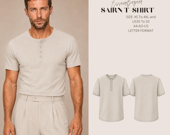 Sairn Men T-Shirt Sewing Pattern PDF, Men's Henley T-Shirt Pattern, Knit Shirt PDF, Short Sleeve Tee Pattern, XS-4XL