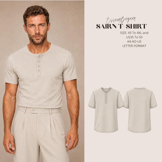 Sairn Men T-Shirt Sewing Pattern PDF, Men's Henley T-Shirt Pattern, Knit Shirt PDF, Short Sleeve Tee Pattern, XS-4XL