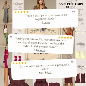 May include: An image showcasing various women's fashion items, including dresses, a shirt, and a bikini set. The image also features customer reviews with star ratings and quotes like "Easy to follow pattern" and "great pattern".